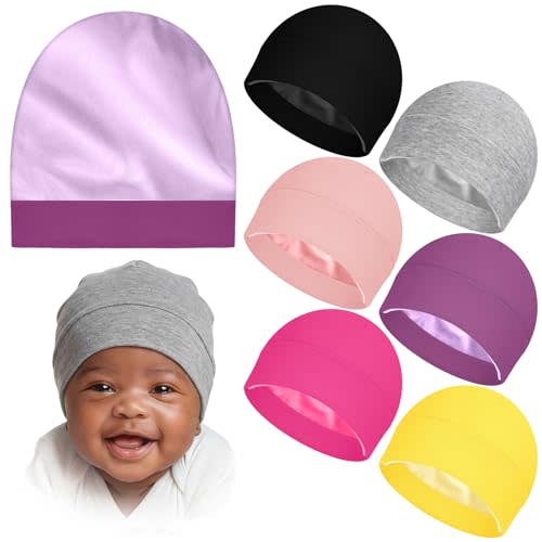 6 Pcs Satin Lined Baby Beanie Newborn | Hats Silk Inner Protects Hair, Hospital Essential for Infant Girls Boys, Soft Stretchy Cap for Daily Comfortable Wear