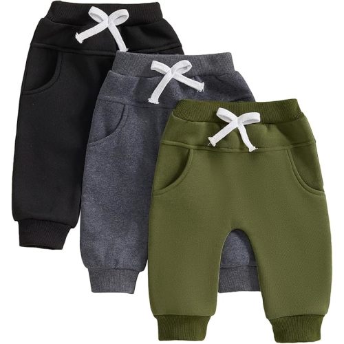 Sejardin Toddler Baby Boys Fleece Sweatpants 3 Pack Solid Color Elastic Waist Jogger Pants Infant Winter Warm Bottoms