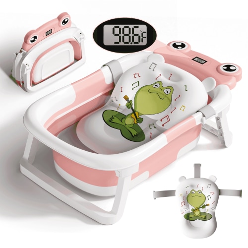 COOSEYA, Baby Bathtub, Collapsible with Cushion and Thermometer, Pink