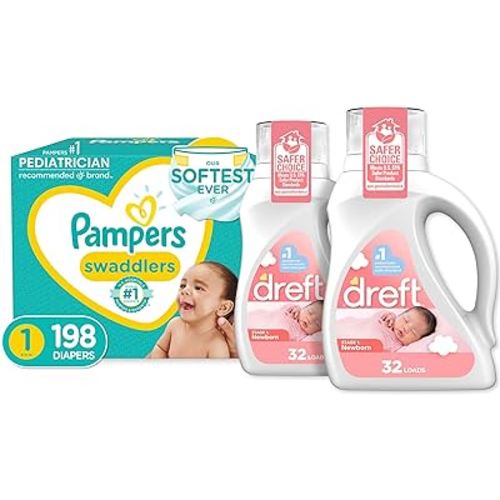 Baby Diapers Newborn/Size 1 (8-14 lb), 198 Count and Baby Laundry Detergent Pack of 2 - Pampers Swaddlers, One Month Supply & Dreft Stage 1 Newborn Hypoallergenic 50 Fl Oz (Packaging May Vary)