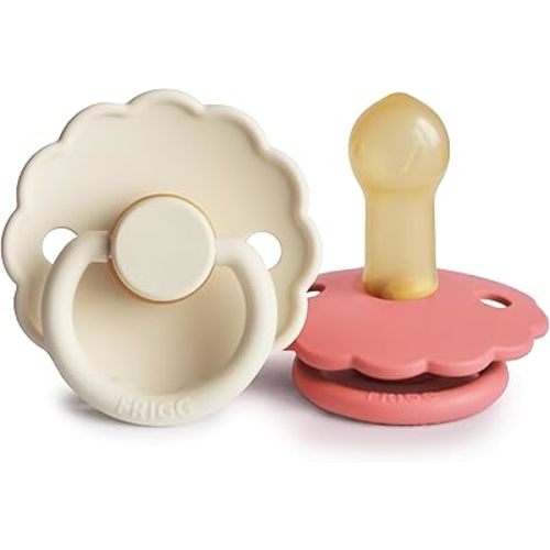 FRIGG Daisy Natural Rubber Baby Pacifier | Made in Denmark | BPA-Free (Cream/Poppy, Size 2) 2-Pack