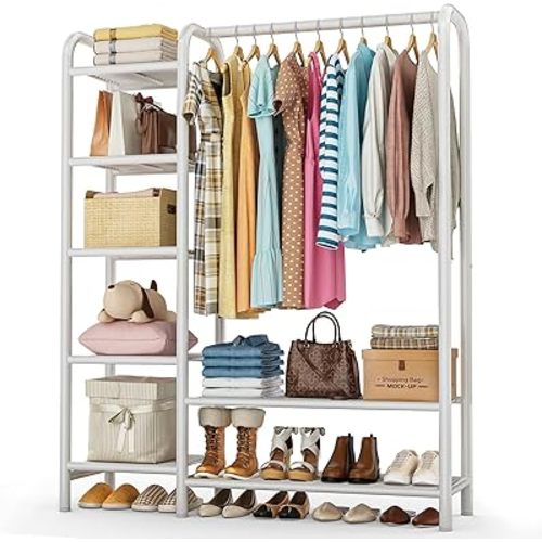 Heavy Duty Clothes Rack with 5 Tiers Shelves, Max Load 670LBS, Portable Freestanding Multi-Functional Metal Clothing Rack with Hanging Rods Organizer System for Bedroom Closet Wardrobe, White