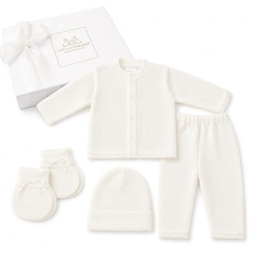 Handmade Crochet Baby Outfit 0-3 Months – Premium Knit Sweater, Pants, Hat & Booties Set – Luxury Baby Shower Gift, Coming Home Outfit, Neutral Newborn Keepsake, Newborn Photography (Beige)