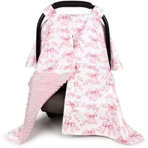 Baby Car Seat Cover, Soft Minky Warm Winter Car Seat Canopy for Infants & Toddlers, Opening with Adjustable Strap, Breathable Nursing Cover & Stroller Blanket, Bow Flowers (Fits Most Car Seats)