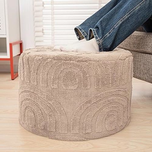 Asuprui Round Ottoman Pouf Ottoman Foot Stool Seat Faux Fur Bean Bag Foot Rest Floor Chair Leg Rest for Living Room, Bedroom or Wedding Gifts 20x20x14 Inches (Khaki)