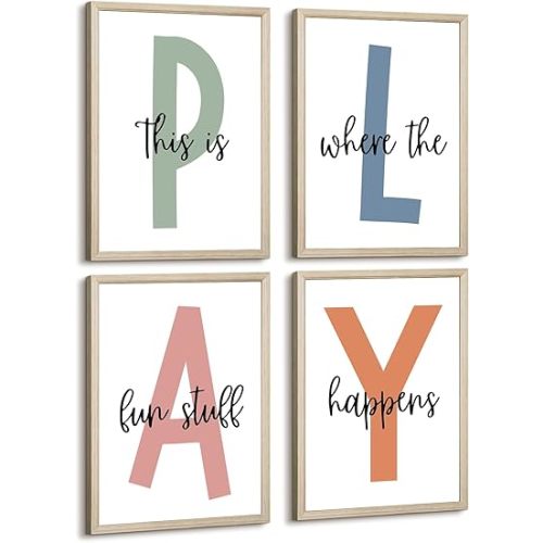 Baccone Kids Playroom Wall Art Boys Room Wall Decor Childrens Playroom Canvas Prints Baby Boy Kids Room Poster Decor Toddler Nursery Print Artwork Let'S Play Sign 8x10 Inch Set of 4 Wooden Frame