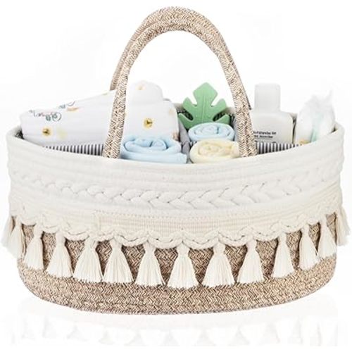 Macrame Diaper Caddy Organizer Cotton Rope Basket Boho Nursery Decor Cute Woven Tassel Portable Diaper Organizer for Changing Table Baby Shower Gifts for Newborn Essentials