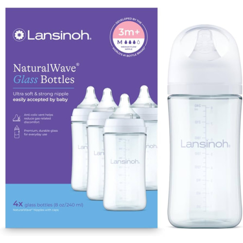 Lansinoh Glass Baby Bottles, Anti-Colic, 8 Ounces, 4 Count Bottles for Feeding, Baby Essentials, Includes 4 Medium Flow Nipples, Size M