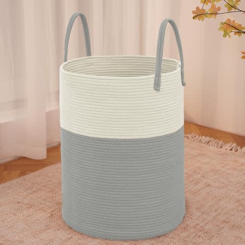 JMvicyroam Large Woven Laundry Basket Hamper,60L Cotton Rope Storage Bin for Blankets,Toys and Clothes,Decorative Tall Nursery Hamper for Living Room,Baby Nursery,Bathroom and Bedroom,White and Grey