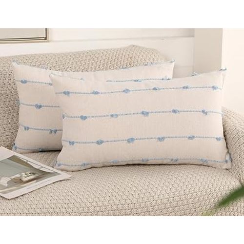 Set of 2 Boho Lumbar Throw Pillow Covers 12x20,Light Blue Neutral Couch Pillow Case with Tassel Fringe Decorative,Modern Accent Farmhouse Cushion Covers for Sofa Couch Bed Living Room