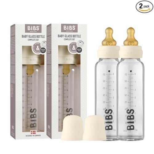 BIBS Glass Baby Bottle Complete Set, 7.61 oz, 2-Pack, Latex, Ivory