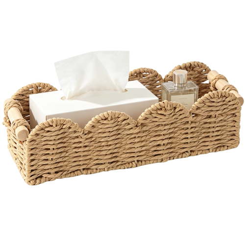 Scalloped Woven Storage Basket with Wooden Handles, Decorative Paper Rope Organizer Bin for Bathroom, Vanity & Shelves, Natural
