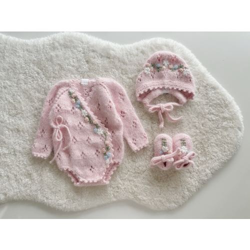 Embroidered Angora Baby Girl Outfit – Romper, Bonnet & Booties Set