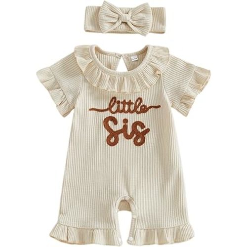 allshope Newborn Baby Girl Summer Outfit Romper Little Sister Lil Sis Embroidery Ruffle Collar Jumpsuit Infant Waffle Clothes