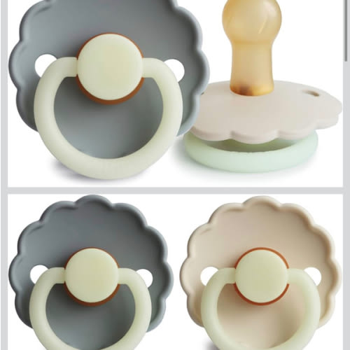 FRIGG Daisy Night Natural Rubber Baby Pacifier | Made in Denmark | BPA-Free (French Gray/Croissant, 0-6 Months) 2-Pack