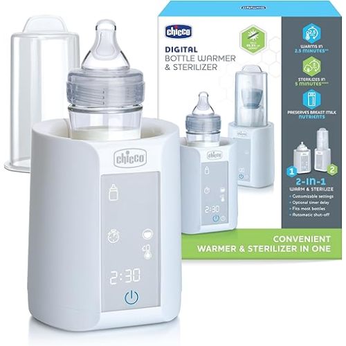 Chicco Digital Bottle Warmer & Sterilizer for Baby Bottles, Baby Food Jars, and Milk Bags | Eliminates 99.9% of Germs | 4 Heating Options | Digital Touchscreen| Automatic Shut-Off & Sound Alert