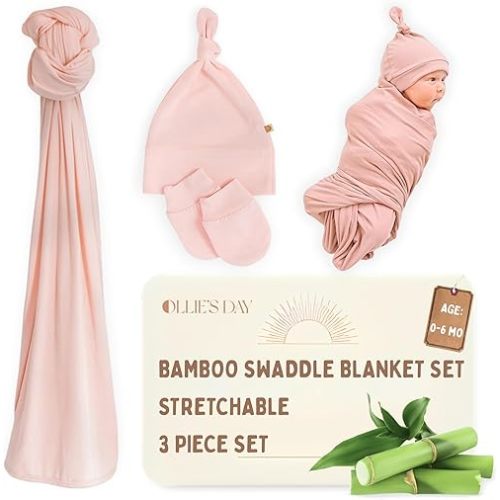 OLLIE'S DAY Bamboo Viscose Baby Swaddle Blanket for Newborns with Cap and Mittens | Stretchy Spandex | 0-6 Months, 3 Pieces