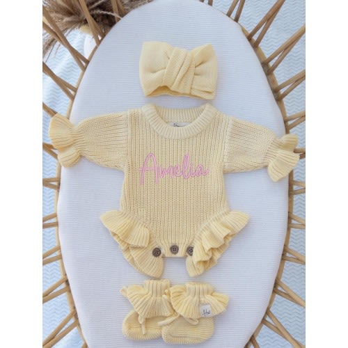 Personalized Baby Name Romper Knit Newborn Outfit With Ruffles Embroidered Baby Girl Take Home Outfit Custom Name Baby Shower Gift.