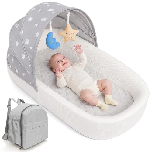 Portable Newborn Nest Lounger with Canopy & Mosquito Net-Lightweight Foldable Newborn Play Support & pad and Washable Cover, Indoor-Outdoor Use (Grey)
