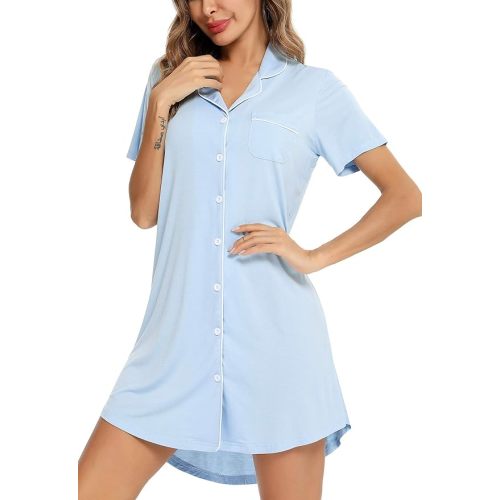 Samring Pajama Nightgown for Women Short/Long Sleeve Button Down Nightwear Top Boyfriend Sleep Shirts Nightdress S-XXL