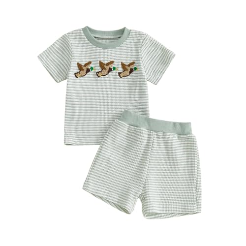 Ayalinggo Toddler Boy Summer Outfit Mallard Duck Embroidery Short Sleeve TShirt Top Elastic Waist Shorts Set Hunting Clothing