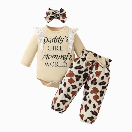 NOLDARES Newborn Baby Girl Outfit Long Sleeve Romper + Pants + Headband Infant Fall 3Pc Cute Clothes Sets(Beige,3-6 M)