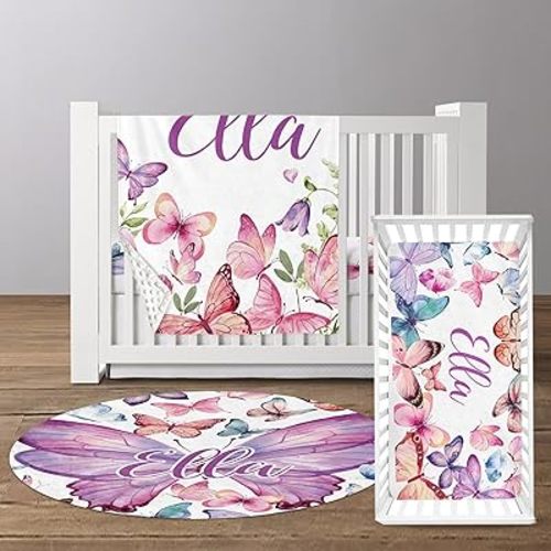 Custom Name Crib Bedding Set, Personalized Nursery Bedding 3-Piece Set– Soft Blanket, Fitted Sheet, Room Rug – Perfect Nursery Gifts for Newborns, Watercolor Butterfly Pattern for Baby Girls