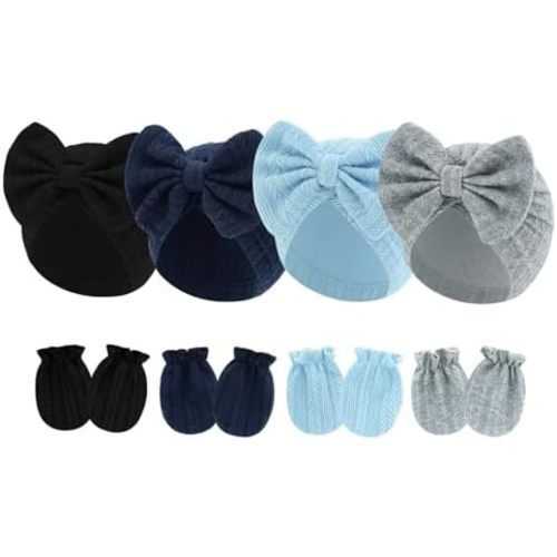 4 Pcs Newborn Hats Mittens Set Infant Cap Bow Hospital Beanie Preemie Hat for Baby Boy Girl 0-6
