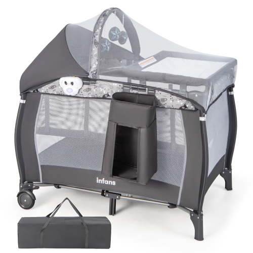 INFANS 4 in 1 Pack and Play, Portable Travel Baby Playard with Bassinet, Changing Table, Canopy, Mosquito Net, Hanging Toys, Music Box, Storage Bag, Large Playpen from Newborn to Toddlers