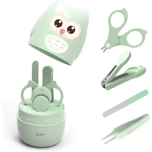 Baby Nail Kit, 4-in-1 Baby Nail Care Set with Cute Case, Baby Nail Clipper, Scissor, Nail File & Tweezer, Baby Manicure Kit and Pedicure kit for Newborn, Infant, Toddler, Kids-Owl Green