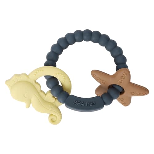 Eoopoon Silicone Teething Ring Toy, Baby Teether Toys with Rattles, BPA Free Sensory Chew Toys for Babies 3-6-12 Months to Soothe Sore Gums, Great Shower, Christmas Gift(Dark Grey 2)