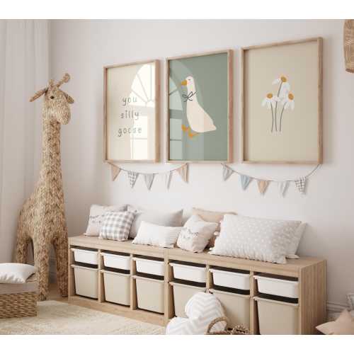 Goose Nursery Name Wall Print set of 3, Floral silly goose wall art, Geese Nursery Decor baby room wall art goose poster baby girl room