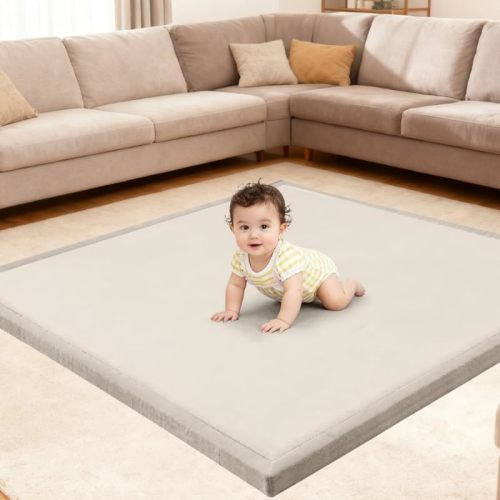 Ultra Soft Play Mat for Floor, 50"x50" Playpen Mat, 1.3" Thick Memory Foam, Non-Slip Tummy Time Mat for Infants, Toddlers, and Kids – Water-Repellent Coral Velvet, Easy Care