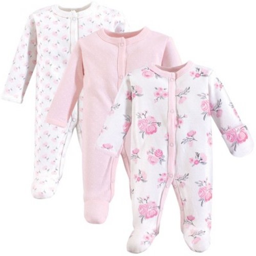 Hudson Baby Infant Girl Cotton Preemie Snap Sleep and Play 3pk, Basic Pink Floral, Preemie
