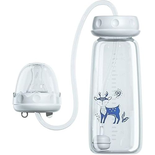 Hands Free Babys Bottle, 240ML Silicone Self Feeding Babys Bottle, Leakproof Adjustable Nursing Feeder Bottles with Nipple Straw, Anti Colic Fast Flow Straw Feeders Milk Bottles, for Boys Girls
