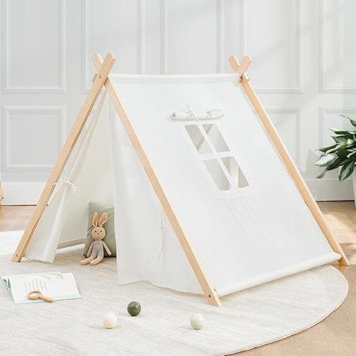 Comfy Cubs Kids Play Tent - Breathable Cotton Teepee for Imaginative Activity - Indoor Canvas Play Tent - Easy Setup, Safe Design, and Spacious Layout for Children - Natural Wood