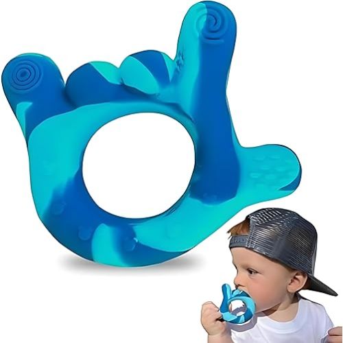 I Love You Silicone Hand Teether, Teethers for Babies 3-6 Months, Soft Teething Toys 6-12 Months bpa Free, Massaging Teething Relief (Blue)