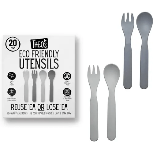 THEO'S 20 Pack Eco-Friendly Utensils for Baby & Toddler | 100% Biodegradable + Compostable 5.0"x1.2" Plant Based Spoons & Forks (10 each) | BPA Free, Dishwasher + Microwave Safe, Light & Dark Gray