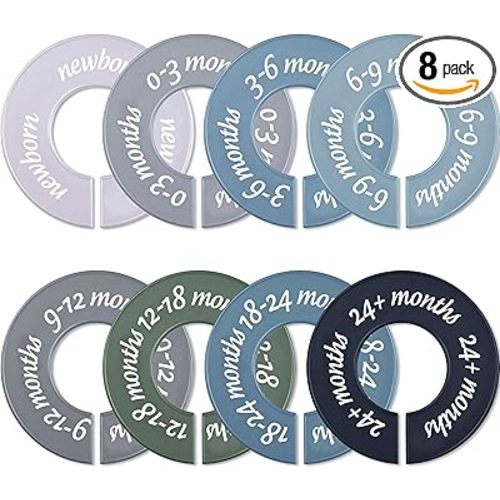 8 Pcs Baby Closet Dividers Unisex Baby Clothes Organizers Clear Labels for Nursery Closet Organizer & Decor Nursery Fits Most Rods(Modern,Cool Colors)