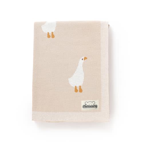 mimixiong Baby Blanket Knit Receiving Boys Girls Blanket Soft Cotton Neutral Blanke for Swaddle Crib Stroller with Cute Goose Beige 30x40 Inch