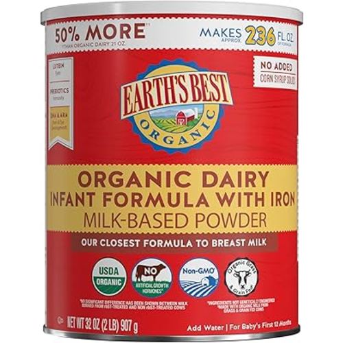Earth's Best Organic Baby Formula for Babies 0-12 Months, Powdered Dairy Infant Formula with Iron, Omega-3 DHA, and Omega-6 ARA, 32 oz Formula Container