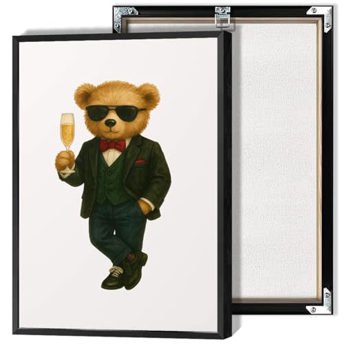 Retro Teddy Bear Poster Bear In A Suit Raising A Glass Canvas Wall Art Funny Abstract Animal Decor Minimalist Champagne Picture Prints Painting For Living Room Bedroom 8x12in Wrapped Canvas