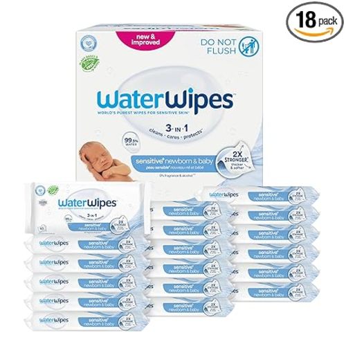 WaterWipes Sensitive+ Newborn & Baby Wipes, 3-In-1 Cleans, Cares, Protects, 99.9% Water, Unscented & Hypoallergenic, 1080 Count (18 Packs)