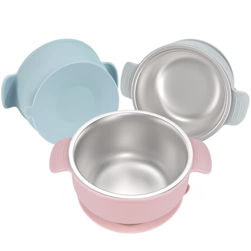 Stainless Steel and Silicone Baby Bowls with Suction 3 Pack, 4.3” for Toddlers Kids Feeding, Non-Slip, Non-Toxic, Mess-Free, Dishwasher Safe, Fit High Chair Size, light pink blue gray