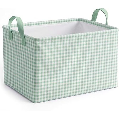 Hushee Checkered Storage Basket Collapsible Gingham Organizer Rectangular Bin with Handles for Home Office Bathroom Bedroom Pet Toy Storage Modern Farmhouse Decor(Green)