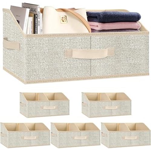 Wrrlors Closet Storage Bins 6 Pack, Large Closet Organizer Baskets with Divider & Handles,Trapezoid Fabric Shelf Organizers, Collapsible Storage Cubes for Clothes, Towels, Toys - Beige