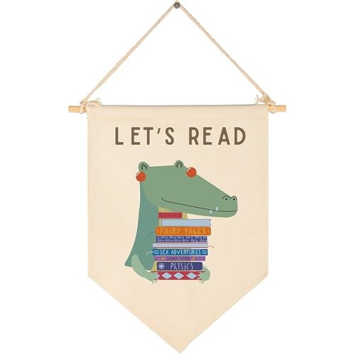 Let's Read-Cute Crocodile Wall Decor Gift for Baby Boys Girls Kids-Canvas Hanging Flag Pennant Banner Wall Decor Gift for Classroom Nursery Homeschool Baby Room Playroom Reading Room Bedroom