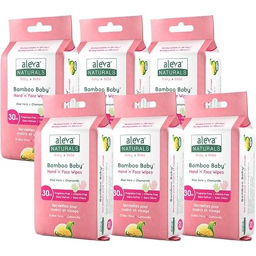 Aleva Naturals Bamboo Baby Lingettes pour les mains et le visage – Ingrédients naturels et biologiques, nettoient et hydratent, extra fortes et ultra douces – Pack économique – 30 x 6 = 180 unités,