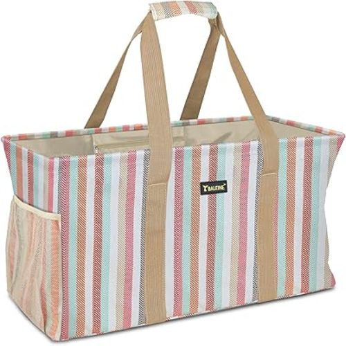 BALEINE Extra Large Utility Tote Bag with Reinforced Wire Frame, Reusable Grocery Bag for Shopping, Picnic (Color Stripe, 22''x12''x10'')