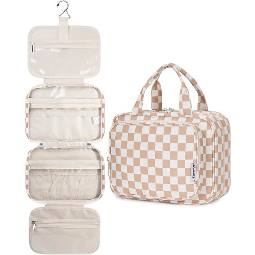 Narwey Hanging Toiletry Bag for Women Travel Makeup Bag Organizer Toiletries Bag for Travel Size Essentials Accessories Cosmetics (Light Checkerboard (Medium))